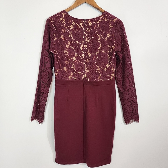 Lulu’s Swooner or Later burgundy long sleeve lace deep v neck bodycon dress SZ L - Picture 8 of 11